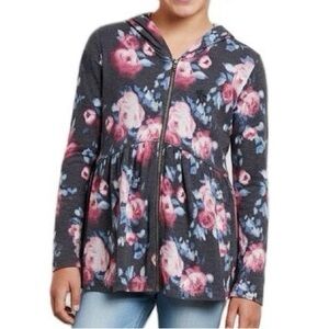 Abercrombie Kids Floral Rose gray Peplum Zip Up Hoodie Cardigan Size 13/14 NWOT
